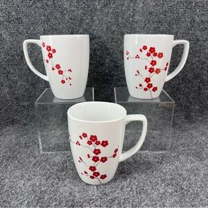 3 Corelle Coordinates Hanami Garden Coffee Mugs Cups Red Flower Porcelain